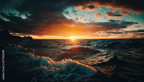 ocean in the sun, sunset, waves, nature, beach Generative AI, Generativ, KI