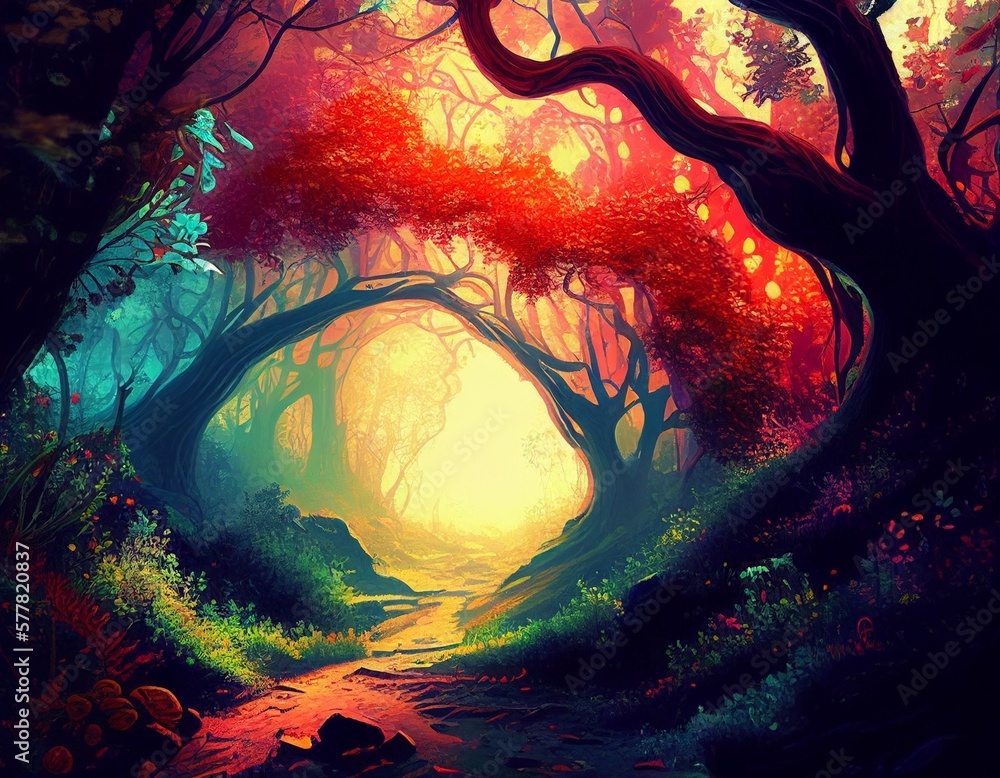 Obraz premium A fantasy forest landscape filled with colorful trees. Generative AI.