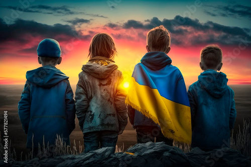Futures of Freedom  Children with Ukrainian Flags Gazing at Sunset  a Hopeful Symbol of a Brighter Tomorrow