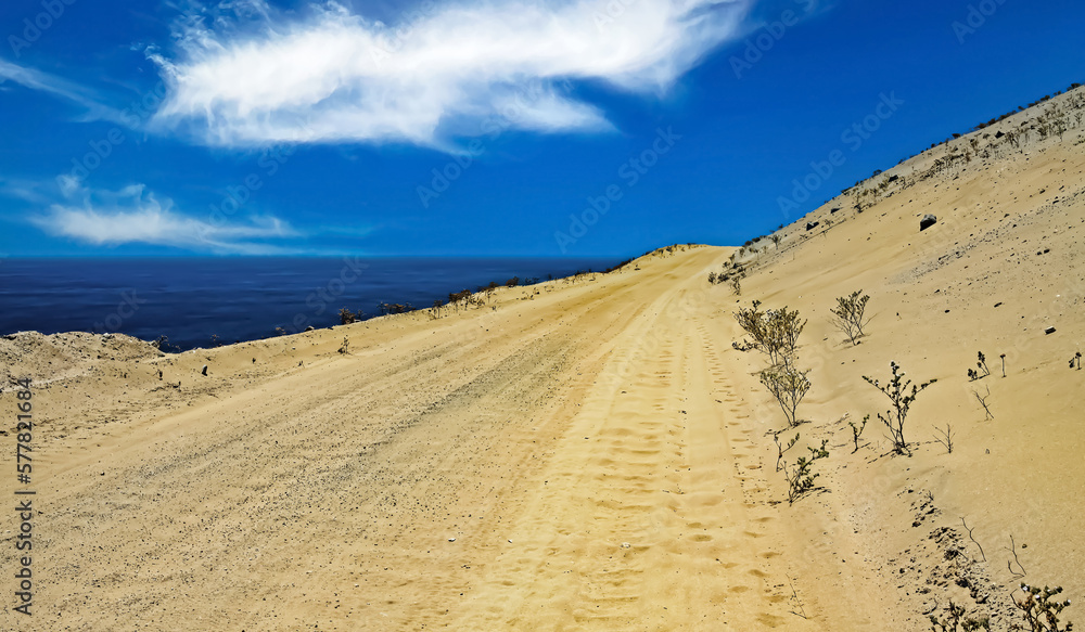 Empty sandy road track directly at water for 4x4 car trips on the sea coast along sand dunes - Pan de Azucar, Chile