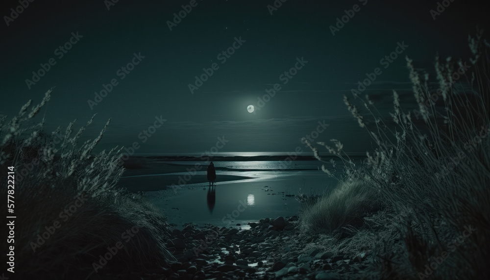 Fototapeta premium ocean in the night, moon in the background Generative AI, Generativ, KI
