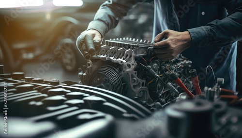 repairman hands repairing a car engine automotive workshop with a wrench, Automobile mechanic car service and maintenance, Repair service