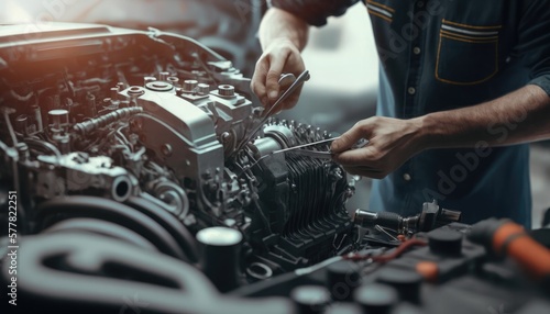 repairman hands repairing a car engine automotive workshop with a wrench, Automobile mechanic car service and maintenance, Repair service