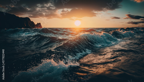 ocean sunset sky landscape waves Generative AI, Generativ, KI © KainzDesigns