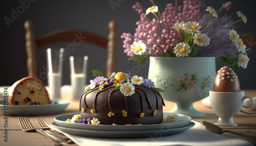 Festive Easter table setting with Easter cake, Easter Eggs and spring flowers bouquet on shining bokeh banner