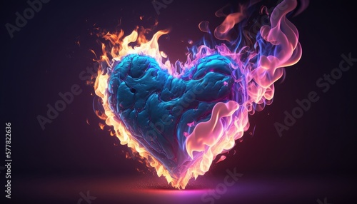 Abstract flaming heart  pink heart in blue fire colourful valentines background