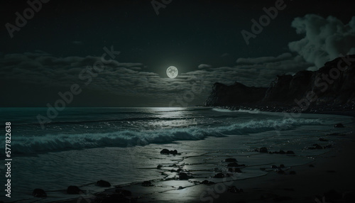 ocean in the night, moon in the background Generative AI, Generativ, KI