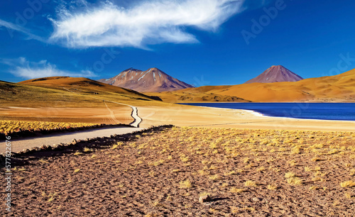 Beautiful spectacular dry colorful arid landscape, deep blue lake in andes high plains, hiking path, volcano Miniques - Laguna Miscanti, Atacama desert, Chile