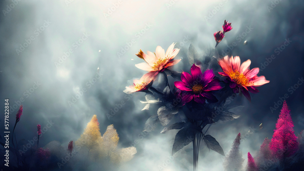 Obraz premium bouquet of white red blooming flowers floating in gray smoke fog,abstract digital art illustration, generative AI