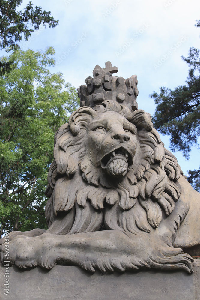 Statue of lion with crown. European statue of lion. Prague.