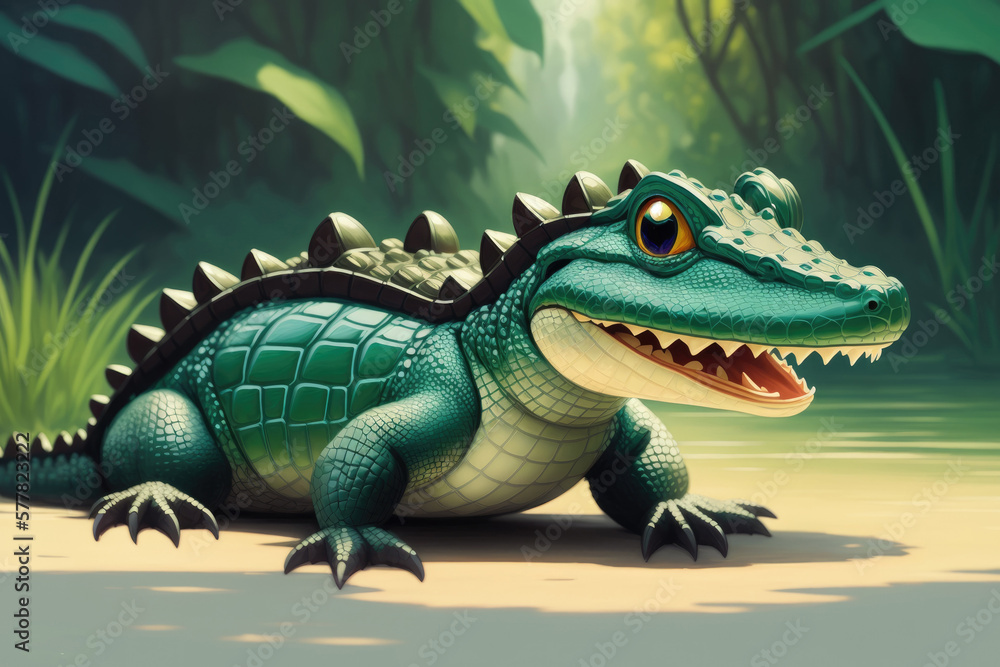 Fototapeta premium Colorful magic alligator, cartoon style painting. Generative ai art illustration