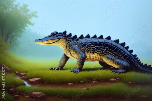 Colorful magic alligator, cartoon style painting. Generative ai art illustration © Aleksandr