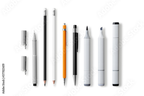 Collection of various pens, pencils, mechanical pencils, brushes and markers  isolated on a transparent background, PNG. High resolution.
 photo
