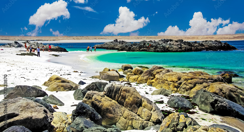 Beautiful white sand beach bay, rocks, natural turquoise sea water pool - Bahia Inglesa, Chile, La Piscina