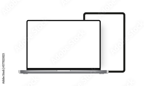 Laptop Silver Mockup With Tablet, Blank Screens, Isolated on White Background. Vector Illustration