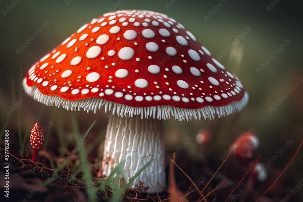 Red and white mushroom close-up illustration. Generative AI.