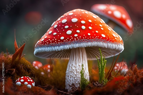 Red and white mushroom close-up illustration. Generative AI. photo