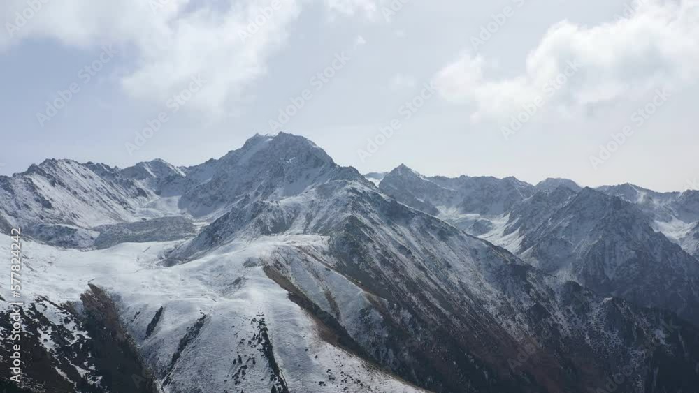 Aerial panoramic view of rocky mountain peaks in Kyrgyzstan Republic Aerial panoramic view of rocky mountain peaks in Kyrgyzstan Republic