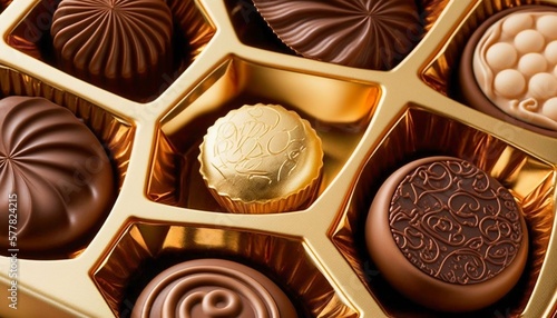 Gold luxury sweet chocolate candies pralines in golden box. Generative AI photo