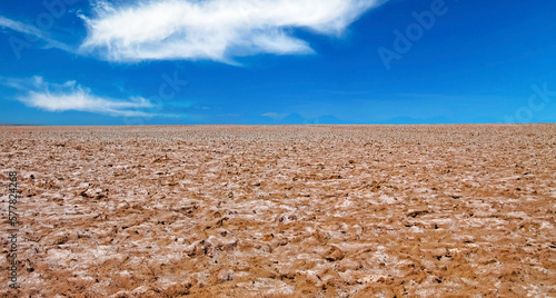 Endless monotone brown white salt flat desert crust surface, dry barren landscape, blue sky horizon, fluffy cloud - Salar de Atacama, Chile