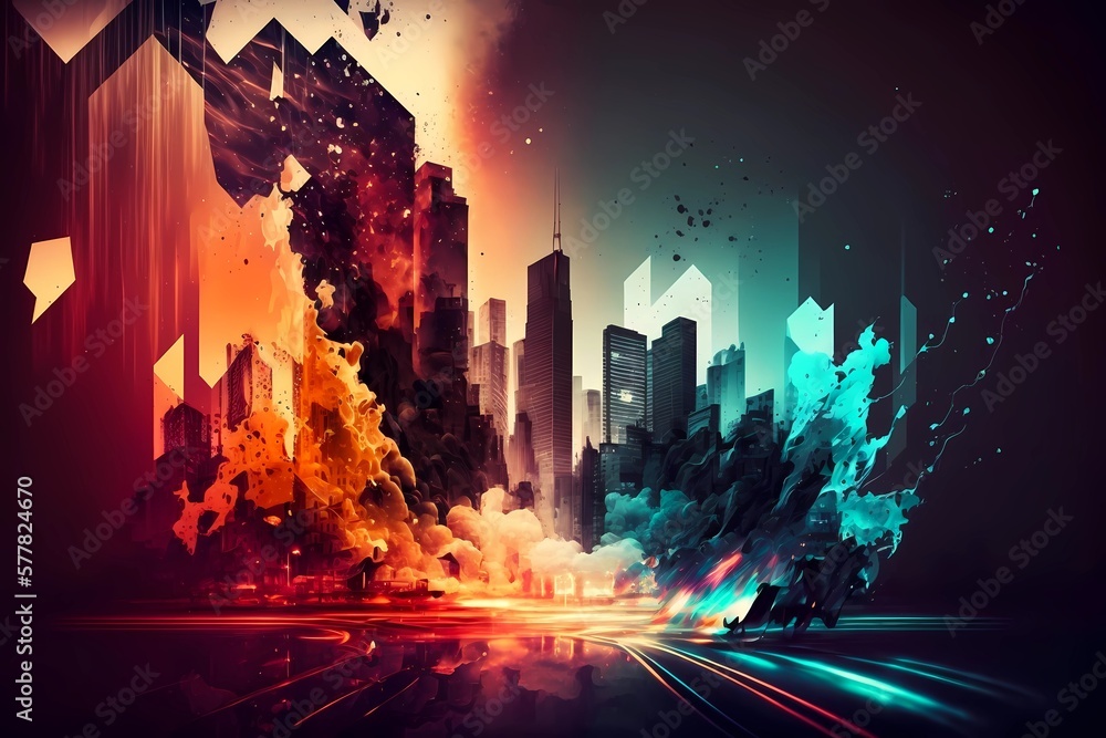 Audio music backgrounds. Buildings city view with sounds elements, colors and particles. Vivid and vibrant illustration of city skyline at night with musical twist of techno or Edm. Generative AI.