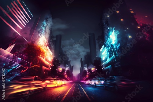 Audio music backgrounds. Buildings city view with sounds elements, colors and particles. Vivid and vibrant illustration of city skyline at night with musical twist of techno or Edm. Generative AI.