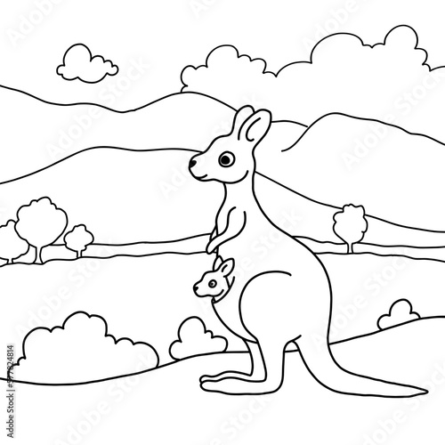 Cute australian kangaroo. Colouring page for children. Learning animals with fun and joy. Minimalistic design for colouring books and textile print. Vector black and white illustration.
