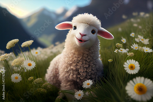 Cute little smiling lamb on green grass with disies. generative AI © Kurosch