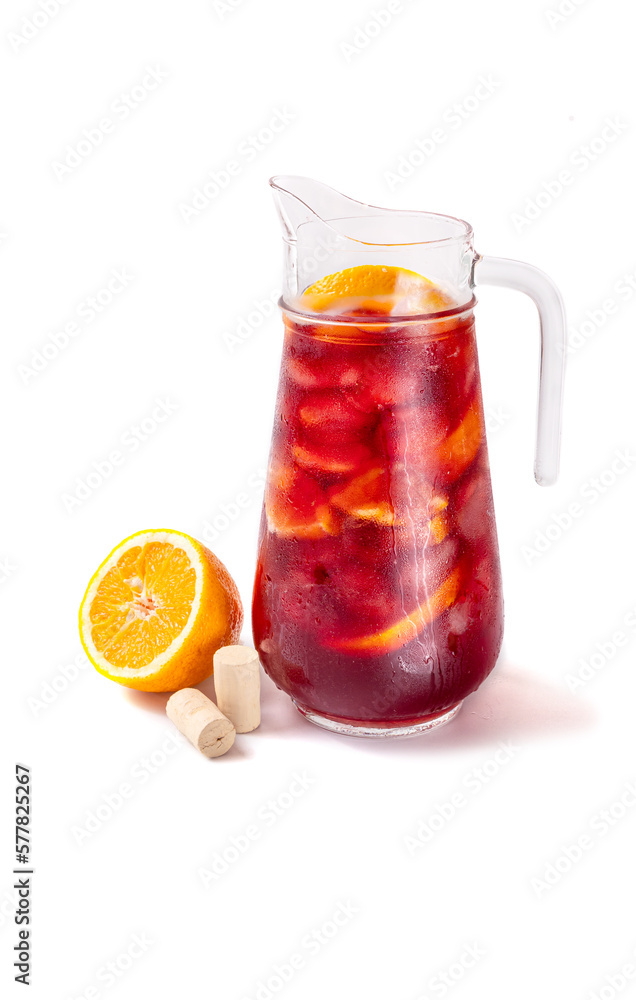 Tinto de Verano or vino de verano, Red wine Spanish cocktail with oranges in jar on white background. Tinto de Verano or vino de verano, Red wine Spanish cocktail with oranges in jar on white background.