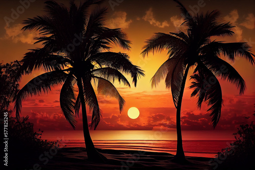 Illustration of tropical sunset at beach. generative AI