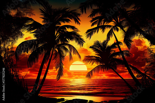Illustration of tropical sunset at beach. generative AI © Kurosch
