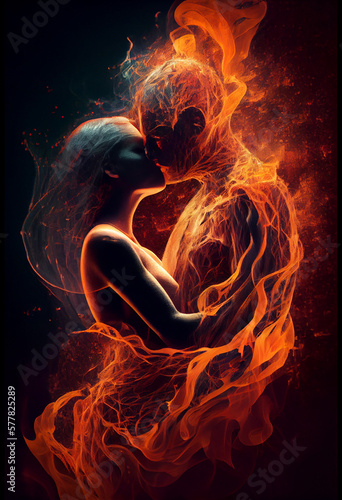 Two lovers entwined in a molten hot embrace - made of flames on black background. generative AI