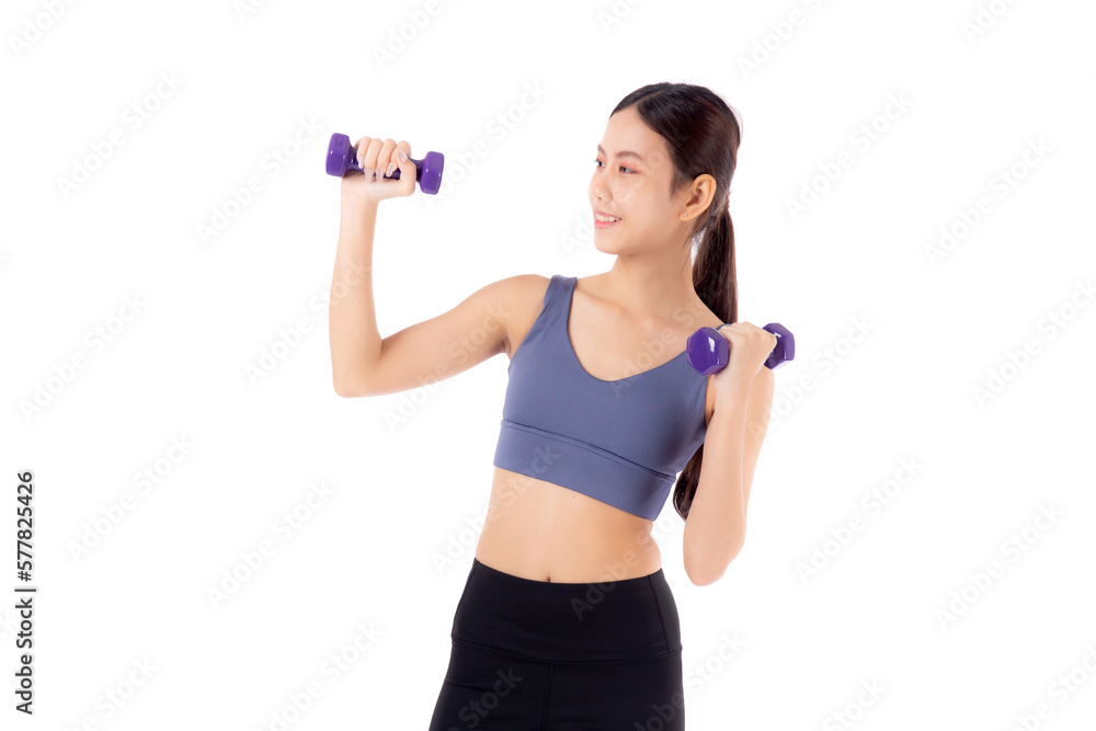 Portrait beautiful young asian woman lifting dumbbell isolated on white background, female fitness workout training with holding dumbbell for muscle strong and strength, sport and health care concept. Portrait beautiful young asian woman lifting dumbbell isolated on white background, female fitness workout training with holding dumbbell for muscle strong and strength, sport and health care concept.