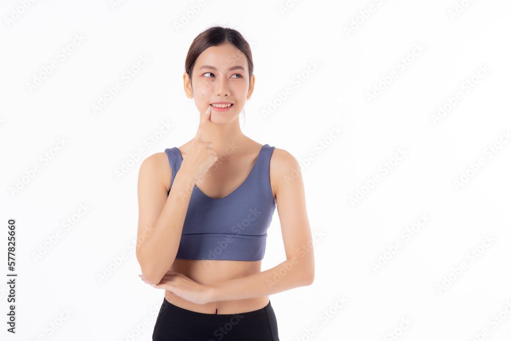Portrait of beautiful young asian woman in sportwear smile and thinking isolated on white background, sport and exercise for health and weightloss, female and slimming with confident and wellness. Portrait of beautiful young asian woman in sportwear smile and thinking isolated on white background, sport and exercise for health and weightloss, female and slimming with confident and wellness.