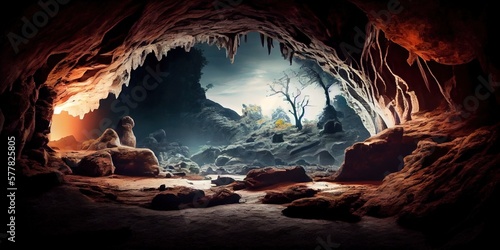expansive cavernous cave. View from the cave looking out into the exotic landscape