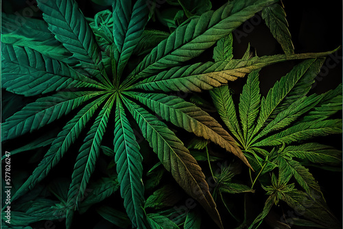 Marijuana leaves  cannabis on a dark background. Generative backdrop