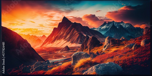 Gorgeous sunset over the mountainous landscape - generative AI