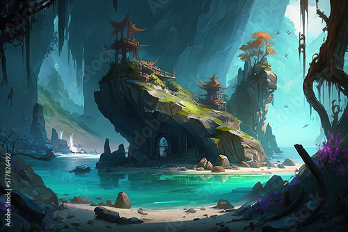 Emerald green coloured sea with floating islands concept art. Fantasy AI Generative illustration