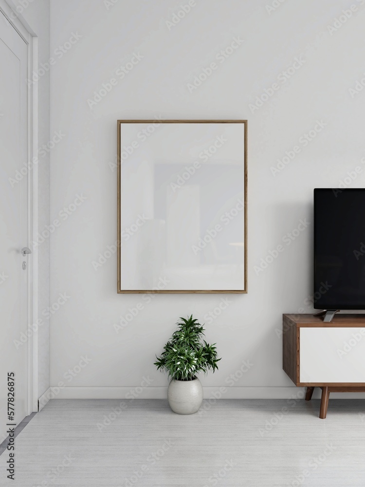 Living room with a blank vertical frame next to a tv. 3d rendering, interior design, 3d illustration Living room with a blank vertical frame next to a tv. 3d rendering, interior design, 3d illustration