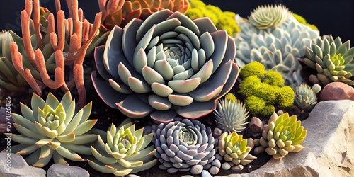Desert succulents - these plants are drought tolerant and store water in thick fleshy leaves - generative AI  photo