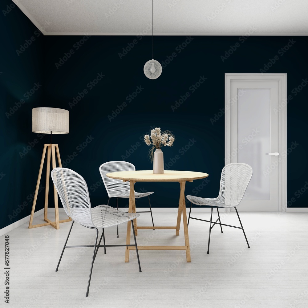 Fototapeta premium Dining room with interior decoration with ornamental plant and lamps. 3d rendering, interior design, 3d illustration