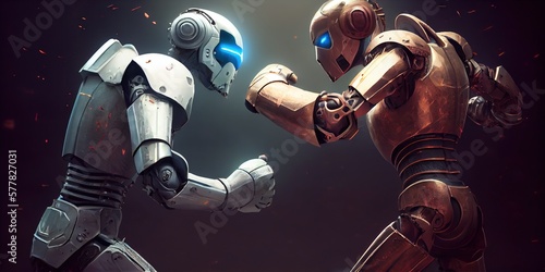 Fighting robots - two cybernetic artificial intelligence (AI) robots boxing and fist fighting