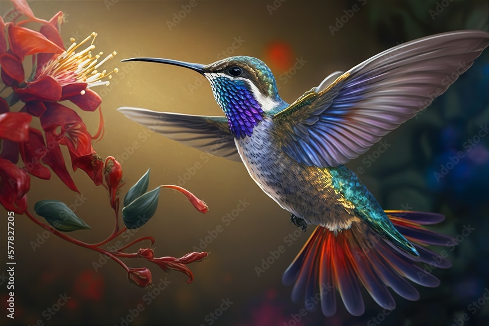 A hummingbird collects nectar from flowers. 