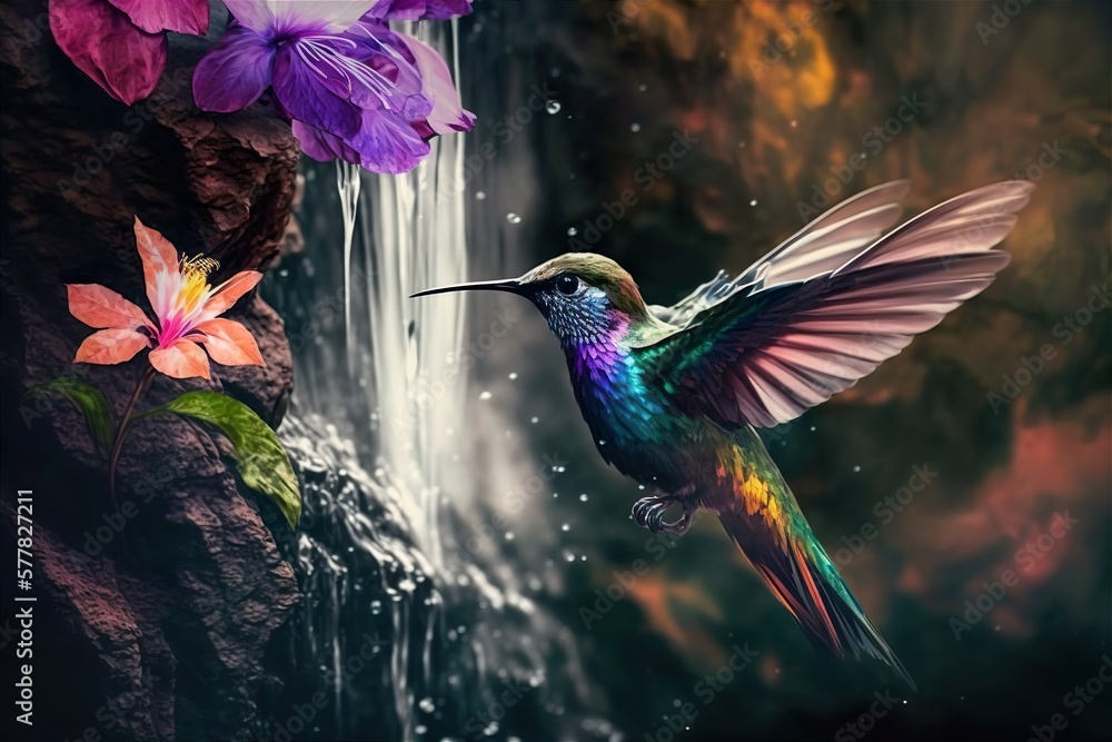 Obraz premium A hummingbird collects nectar from flowers. 