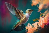 A hummingbird collects nectar from flowers. 