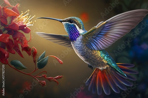 A hummingbird collects nectar from flowers.  © Левон Баграмян