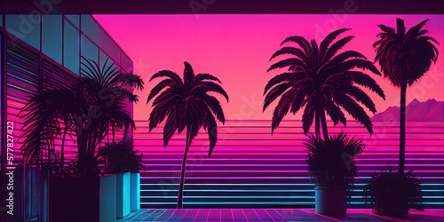 Synthwave/vaporwave 1980s retro aesthetic in magenta and teal. Generative AI photo