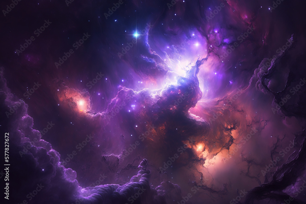 Purple and violet nebula with stars. Fantasy galaxy generative AI background Purple and violet nebula with stars. Fantasy galaxy generative AI background