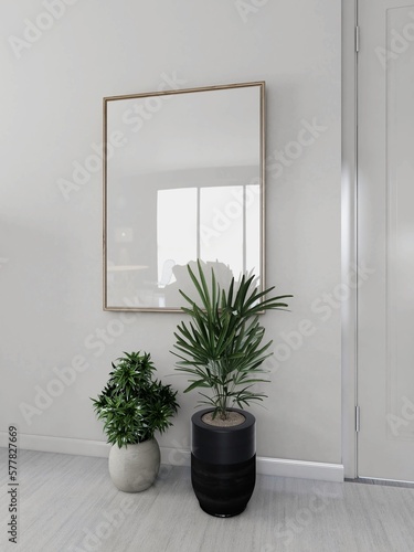 Fototapeta Naklejka Na Ścianę i Meble -  Room with a blank vertical frame and interior decoration with ornamental plants. 3d rendering, interior design, 3d illustration