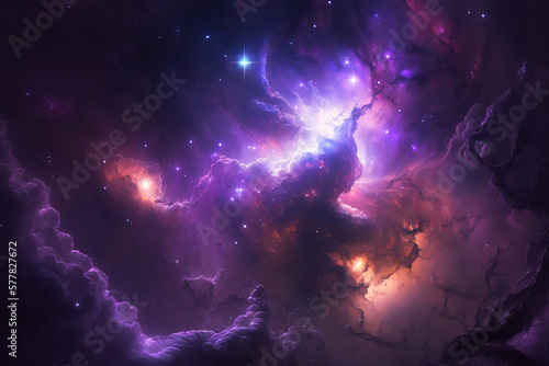 Purple and violet nebula with stars. Fantasy galaxy generative AI background © WhataWin